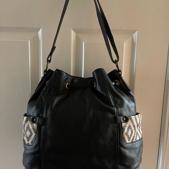 Born leather black shoulder bag drawstring tassels accent side pockets - Picture 2 of 12